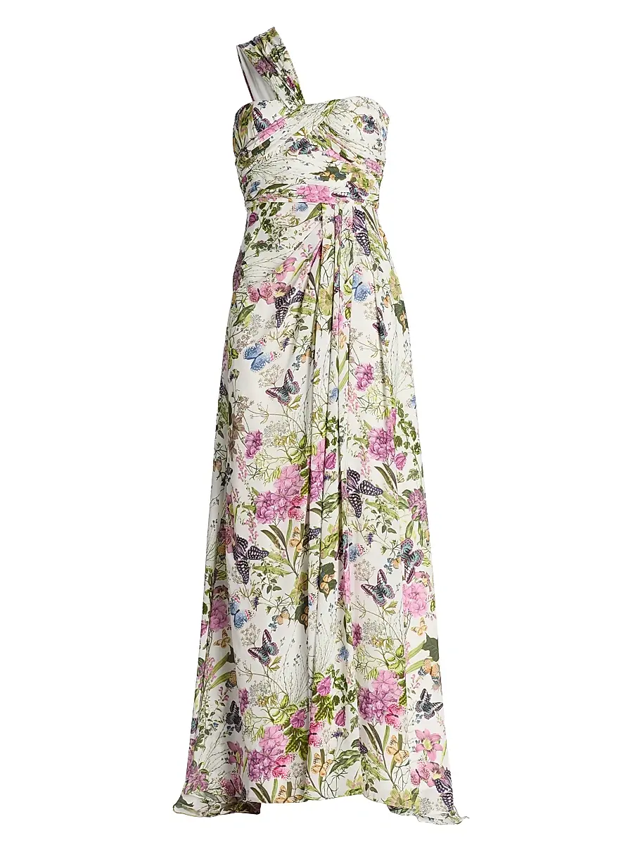 Badgley Mischka Women's Gathered Floral One-Shoulder Gown - White Multi | Image 1 Badgley Mischka Women's Gathered Floral One-Shoulder Gown - White Multi | Image 1