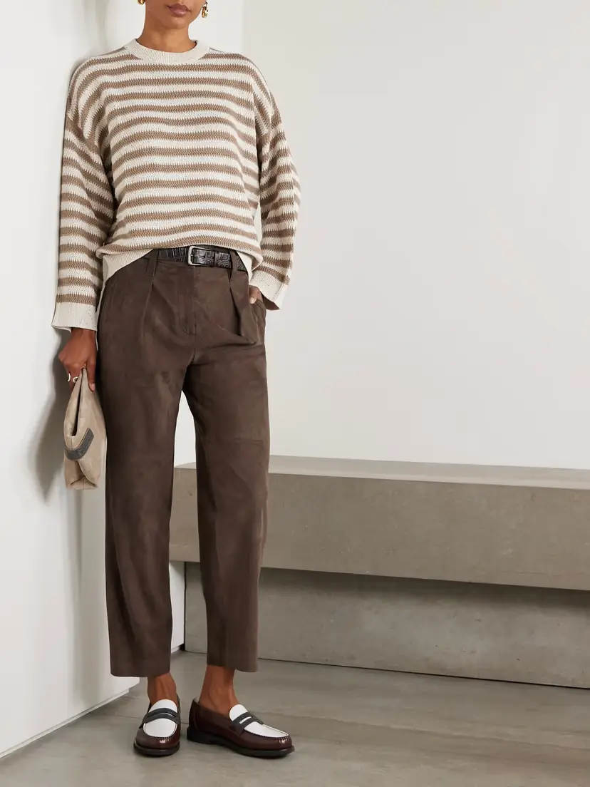Brunello Cucinelli Pleated Suede Tapered Pants | Thumbnail 2