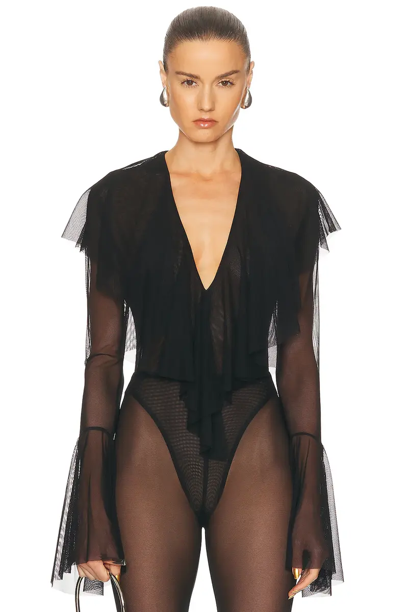 Norma Kamali Long Sleeve Deep V Ruffle Bodysuit | Image 1 Norma Kamali Long Sleeve Deep V Ruffle Bodysuit | Image 1