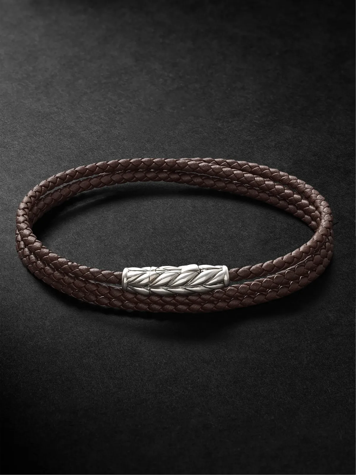Chevron Braided Leather and Sterling Silver Wrap Bracelet - Men