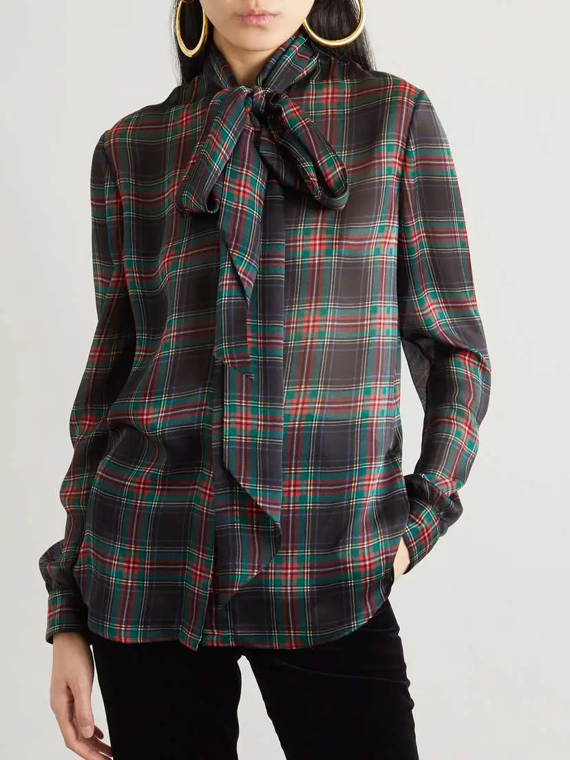Saint Laurent Pussy-bow Checked Silk-chiffon Blouse | Thumbnail 3