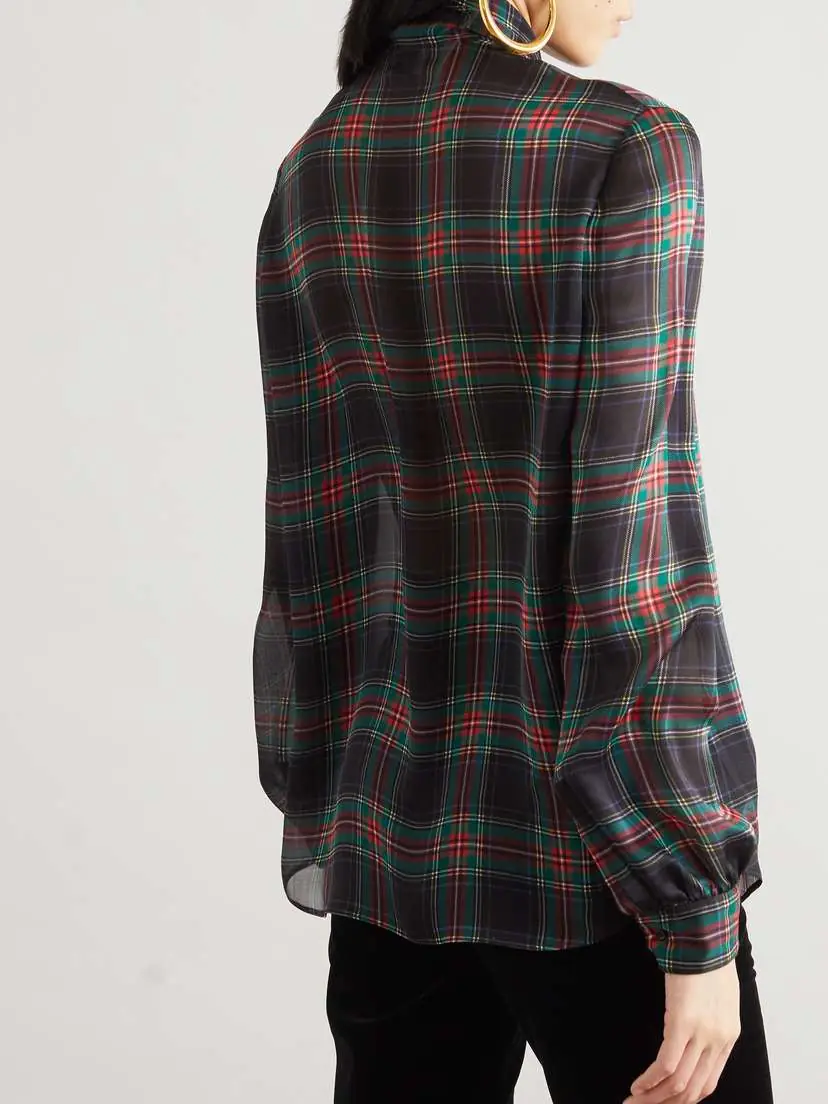 Saint Laurent Pussy-bow Checked Silk-chiffon Blouse | Thumbnail 4