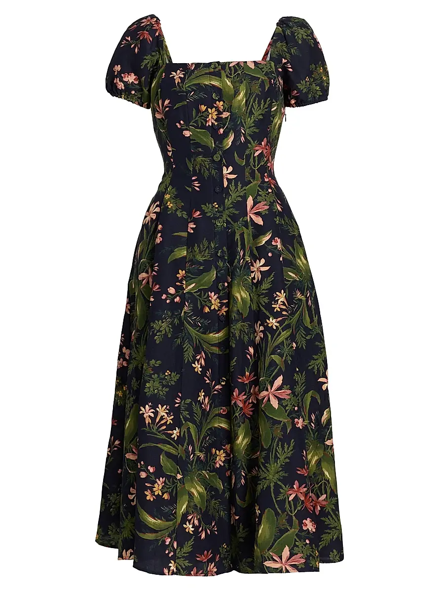 PAIGE Women's Lindi Silk-Linen Midi-Dress - Dark Navy Multi | Image 1 PAIGE Women's Lindi Silk-Linen Midi-Dress - Dark Navy Multi | Image 1