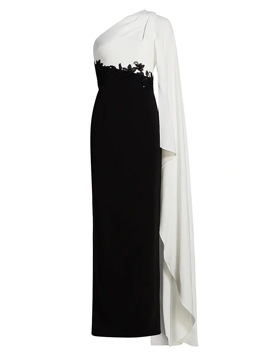 Teri Jon by Rickie Freeman Women's One-Shoulder Cape-Sleeve Gown - Black White | Image 1 Teri Jon by Rickie Freeman Women's One-Shoulder Cape-Sleeve Gown - Black White | Image 1