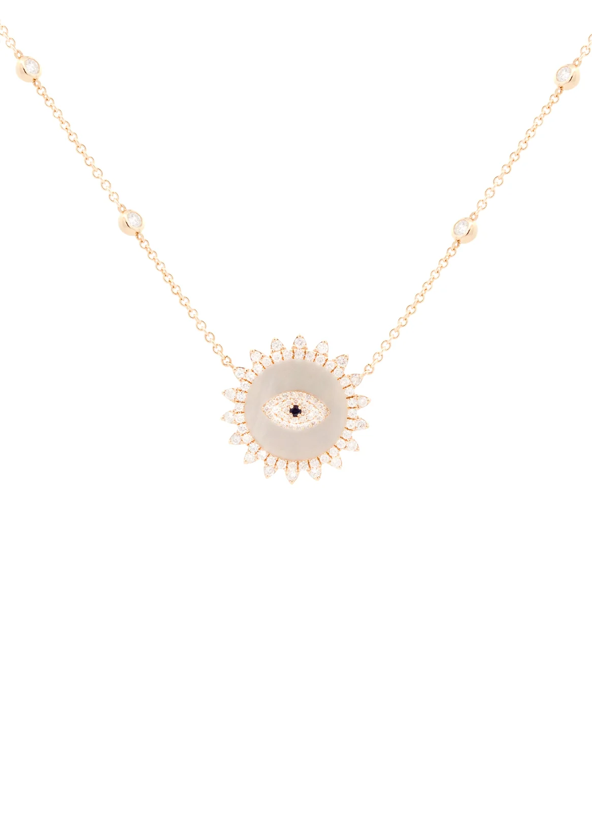 1.80ct Diamond Mother Of Pearl 14K Gold Evil Eye Pendant Chain Necklace