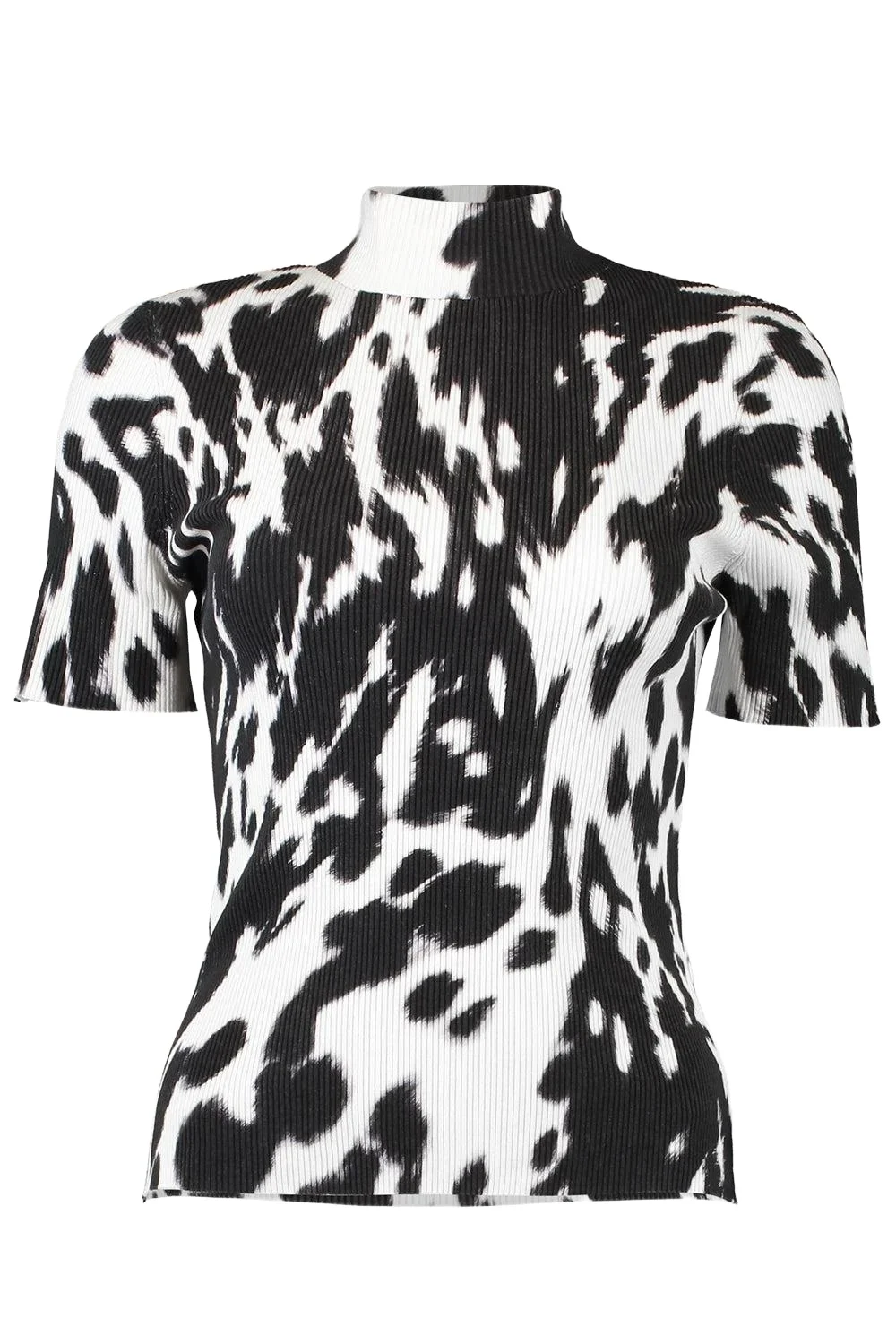 Oscar de la Renta Cow Print Classic Mockneck Short Sleeve Tee