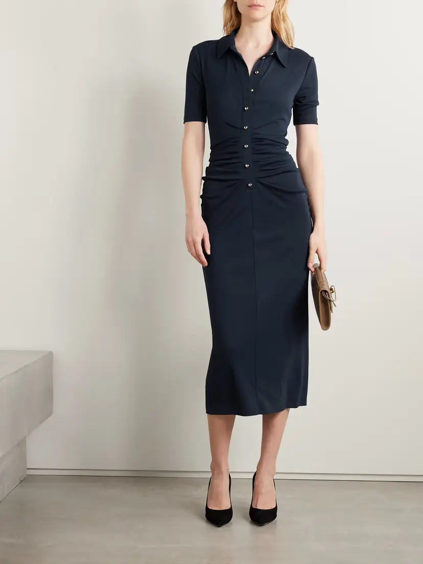 Carolina Herrera Ruched Stretch-jersey Midi Shirt Dress | Thumbnail 2 Carolina Herrera Ruched Stretch-jersey Midi Shirt Dress | Thumbnail 2