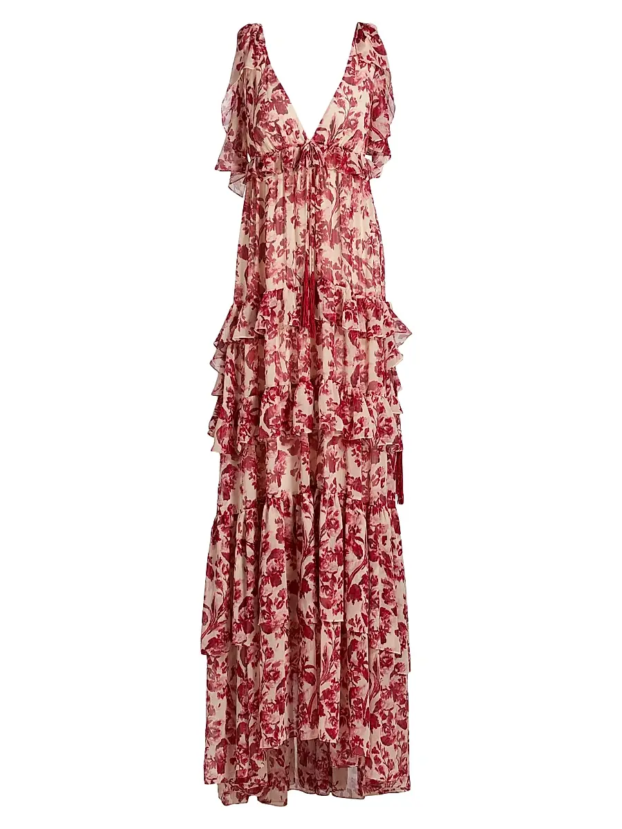Cinq à Sept Women's Omelia Floral Tiered Gown - Cherry Rose Multi | Image 1 Cinq à Sept Women's Omelia Floral Tiered Gown - Cherry Rose Multi | Image 1