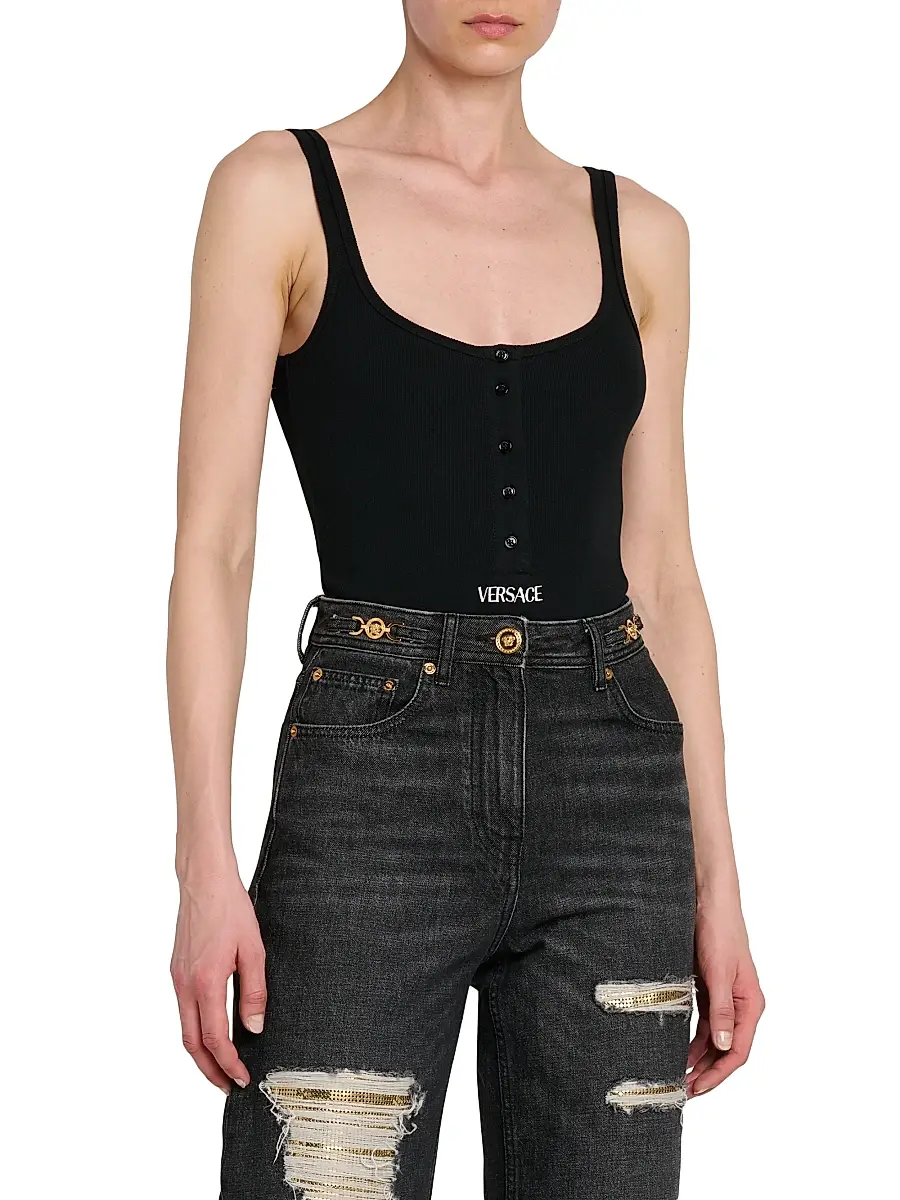 Versace Women's Rib-Knit Stretch-Cotton Bodysuit - Black | Thumbnail 4 Versace Women's Rib-Knit Stretch-Cotton Bodysuit - Black | Thumbnail 4