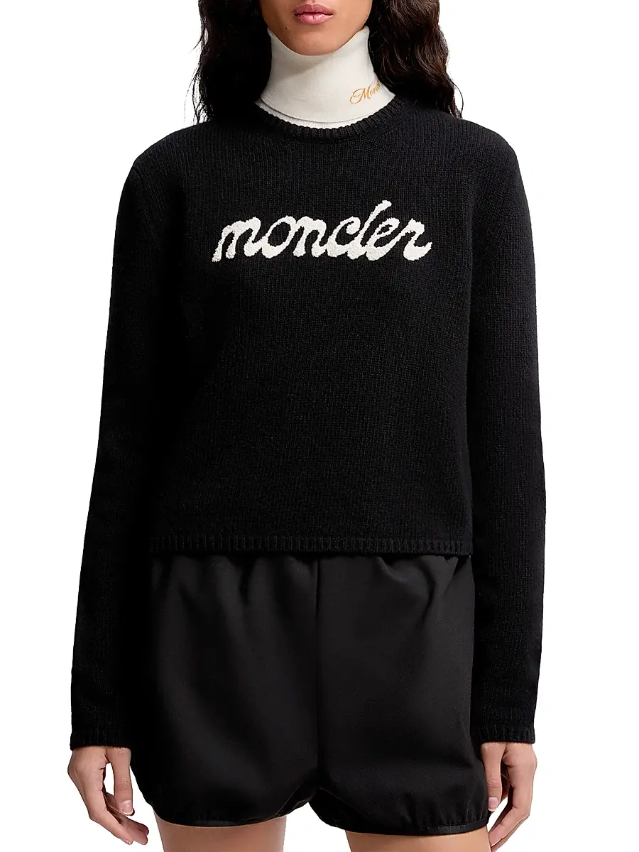 Moncler Women's Crew-Neck Sweater in Wool & Cashmere - Black | Thumbnail 2 Moncler Women's Crew-Neck Sweater in Wool & Cashmere - Black | Thumbnail 2