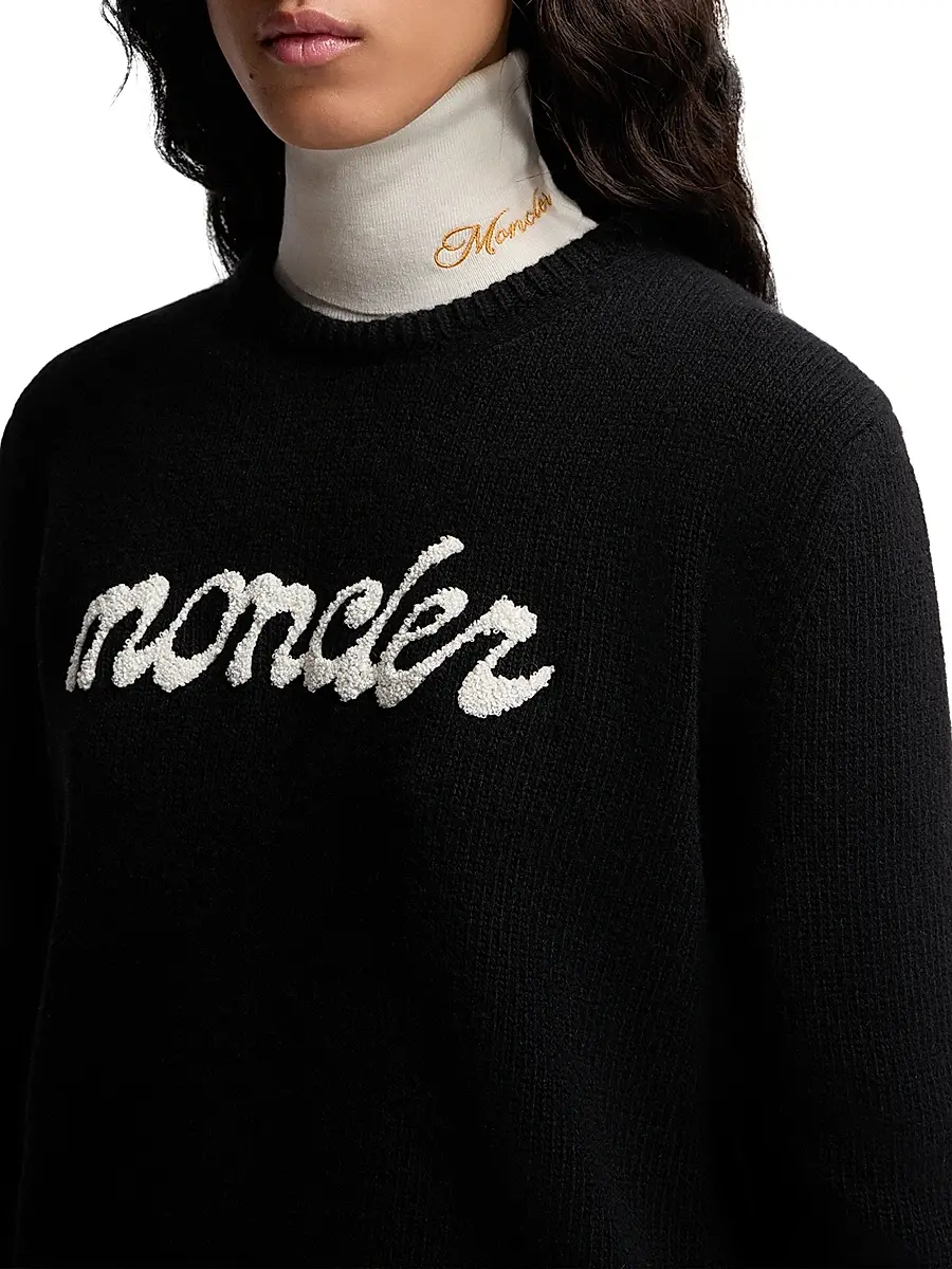 Moncler Women's Crew-Neck Sweater in Wool & Cashmere - Black | Thumbnail 4 Moncler Women's Crew-Neck Sweater in Wool & Cashmere - Black | Thumbnail 4