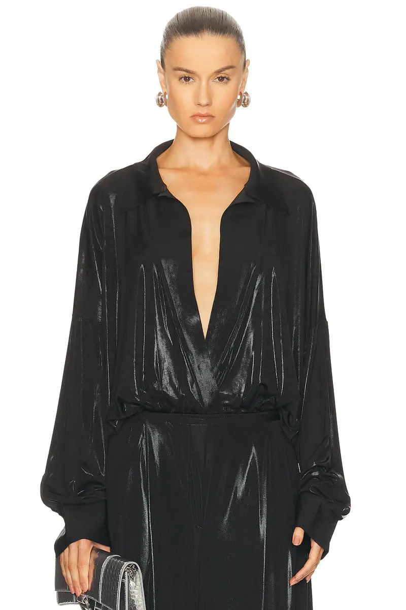 Norma Kamali Super Oversized Boyfriend Shirt Bodysuit | Image 1 Norma Kamali Super Oversized Boyfriend Shirt Bodysuit | Image 1