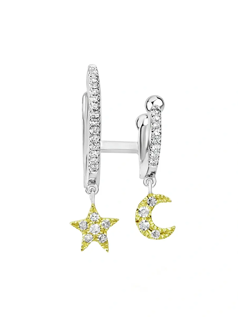 Meira T Women's Two-Tone 14K Gold & Diamond Moon & Star Double-Hoop Earring - Yellow Gold | Image 1 Meira T Women's Two-Tone 14K Gold & Diamond Moon & Star Double-Hoop Earring - Yellow Gold | Image 1