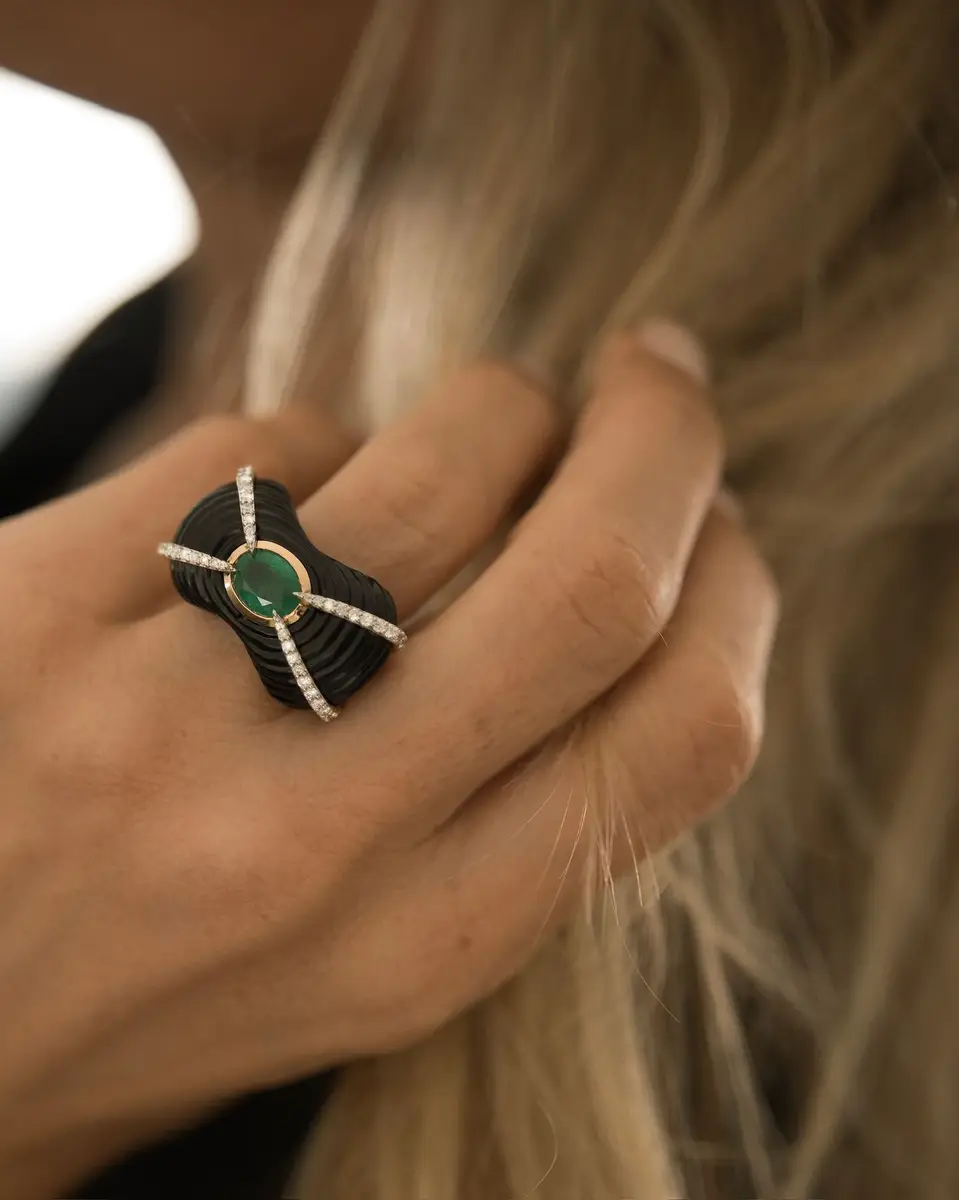 Wish Fine Jewelry 37.8ct Diamond Emerald Black Onyx 18K Gold Sculptural Ring | Thumbnail 3 Wish Fine Jewelry 37.8ct Diamond Emerald Black Onyx 18K Gold Sculptural Ring | Thumbnail 3
