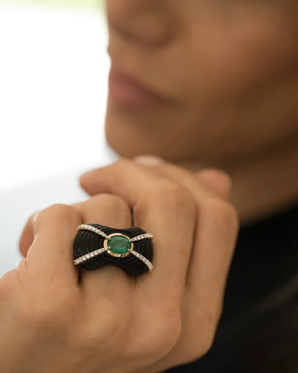 Wish Fine Jewelry 37.8ct Diamond Emerald Black Onyx 18K Gold Sculptural Ring | Thumbnail 4 Wish Fine Jewelry 37.8ct Diamond Emerald Black Onyx 18K Gold Sculptural Ring | Thumbnail 4