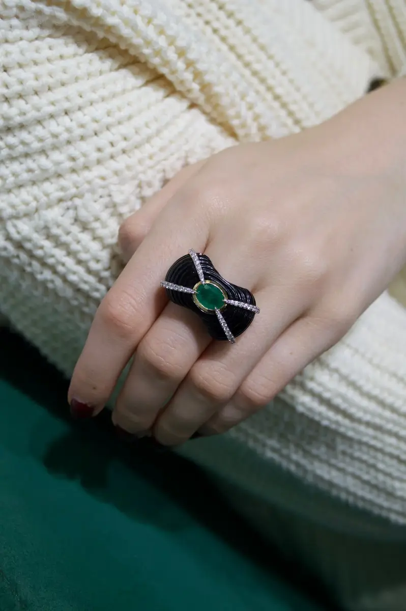 Wish Fine Jewelry 37.8ct Diamond Emerald Black Onyx 18K Gold Sculptural Ring | Thumbnail 5 Wish Fine Jewelry 37.8ct Diamond Emerald Black Onyx 18K Gold Sculptural Ring | Thumbnail 5