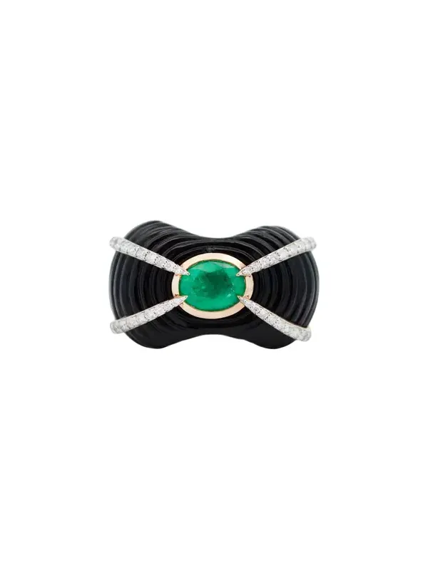 Wish Fine Jewelry 37.8ct Diamond Emerald Black Onyx 18K Gold Sculptural Ring