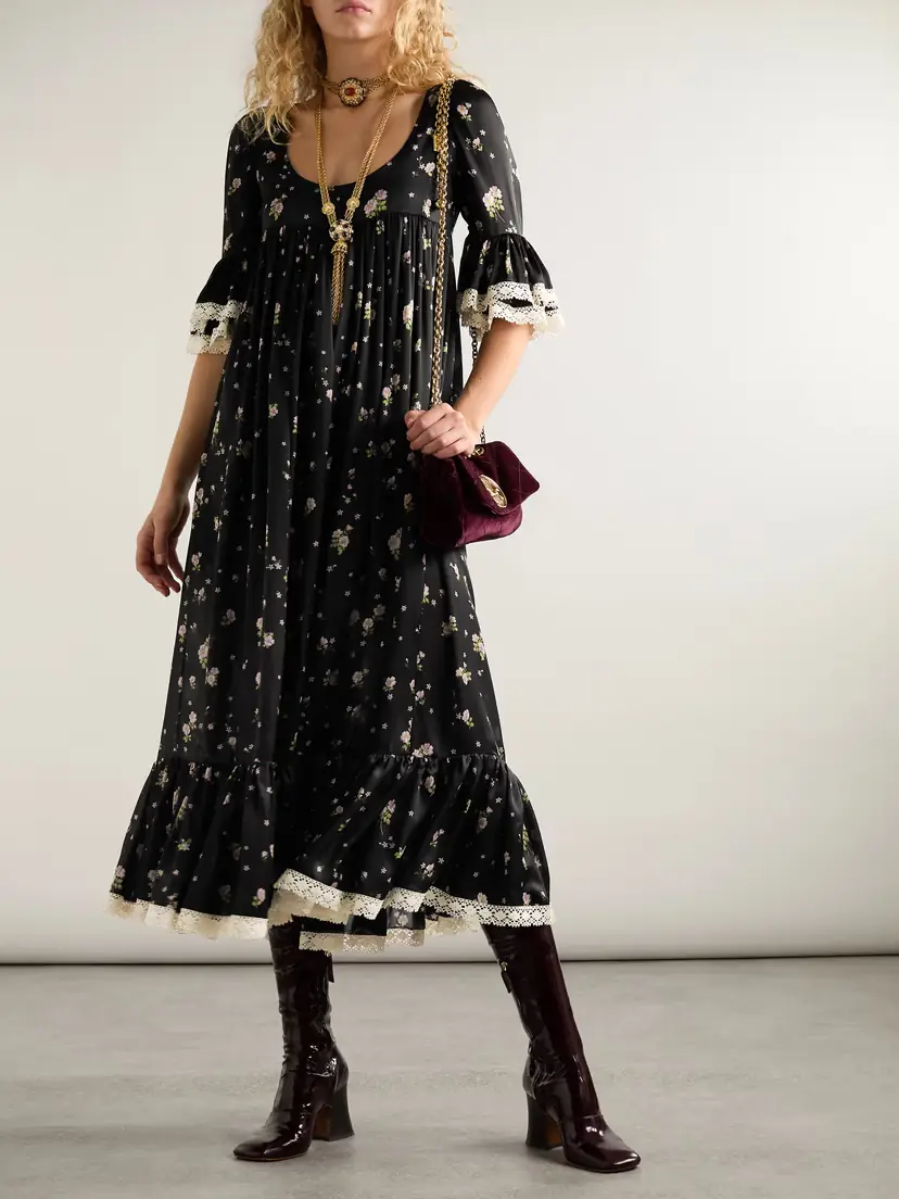 Chloé Lace-trimmed Gathered Floral-print Silk-charmeuse Midi Dress | Thumbnail 2 Chloé Lace-trimmed Gathered Floral-print Silk-charmeuse Midi Dress | Thumbnail 2