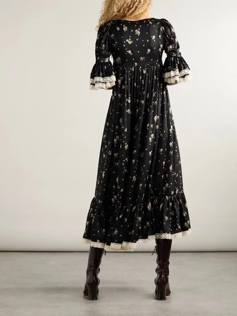Chloé Lace-trimmed Gathered Floral-print Silk-charmeuse Midi Dress | Thumbnail 3 Chloé Lace-trimmed Gathered Floral-print Silk-charmeuse Midi Dress | Thumbnail 3