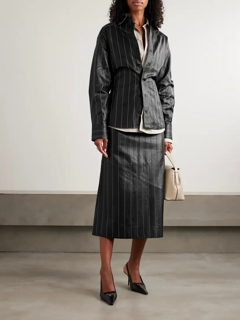 Victoria Beckham Paneled Embroidered Pinstriped Leather Midi Skirt | Thumbnail 2 Victoria Beckham Paneled Embroidered Pinstriped Leather Midi Skirt | Thumbnail 2