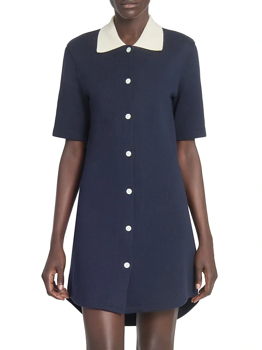 Thom Browne Women's Contrast-Trim Cotton Short-Sleeve Mini-Shirtdress - Navy | Thumbnail 3 Thom Browne Women's Contrast-Trim Cotton Short-Sleeve Mini-Shirtdress - Navy | Thumbnail 3
