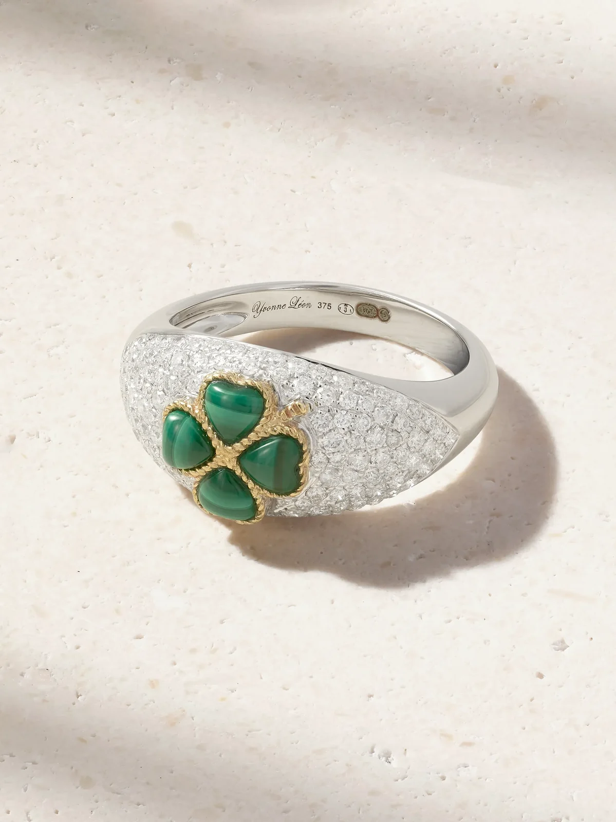 Mini Bague Dôme Trèfle 9-karat White And Yellow Gold, Malachite And Diamond Ring - Silver Mini Bague Dôme Trèfle 9-karat White And Yellow Gold, Malachite And Diamond Ring - Silver