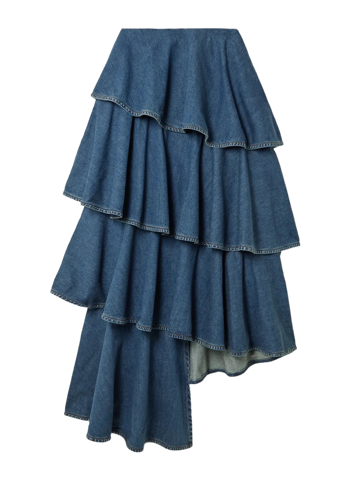 Asymmetric Ruffled Tiered Denim Skirt