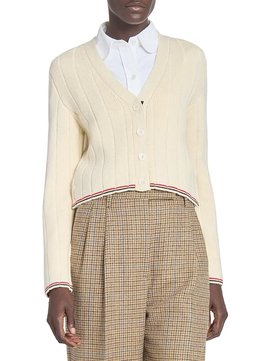 Thom Browne Women's Ladder-Stitch V-Neck Wool Cardigan - White | Thumbnail 3 Thom Browne Women's Ladder-Stitch V-Neck Wool Cardigan - White | Thumbnail 3