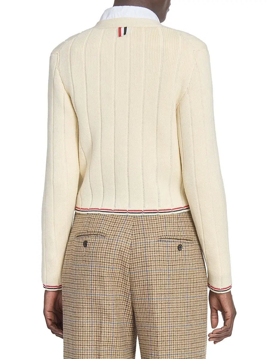 Thom Browne Women's Ladder-Stitch V-Neck Wool Cardigan - White | Thumbnail 5 Thom Browne Women's Ladder-Stitch V-Neck Wool Cardigan - White | Thumbnail 5