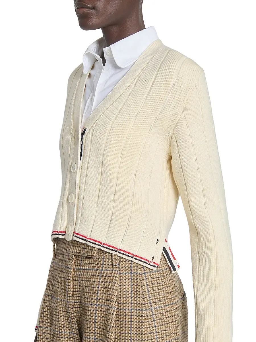 Thom Browne Women's Ladder-Stitch V-Neck Wool Cardigan - White | Thumbnail 6 Thom Browne Women's Ladder-Stitch V-Neck Wool Cardigan - White | Thumbnail 6