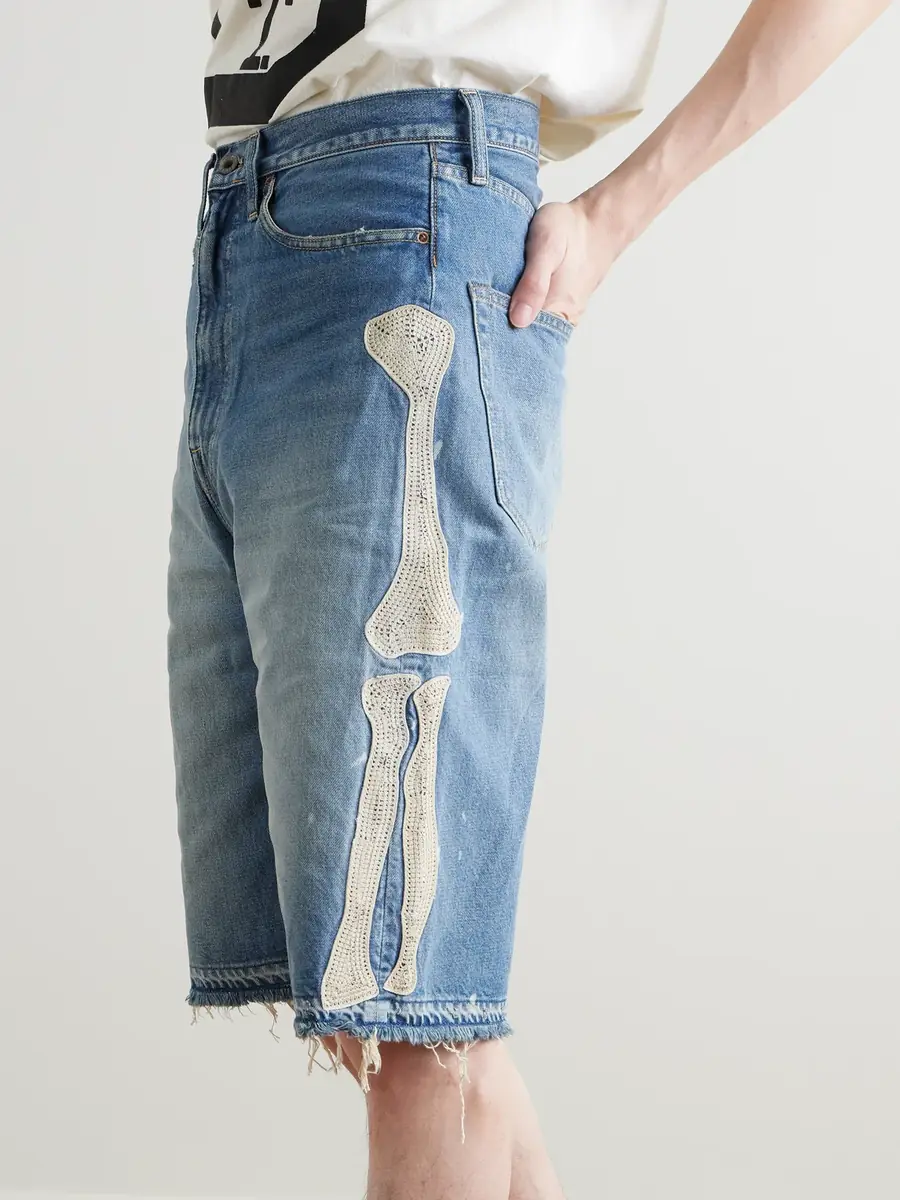 KAPITAL Straight-Leg Appliquéd Distressed Denim Shorts - Men | Thumbnail 3