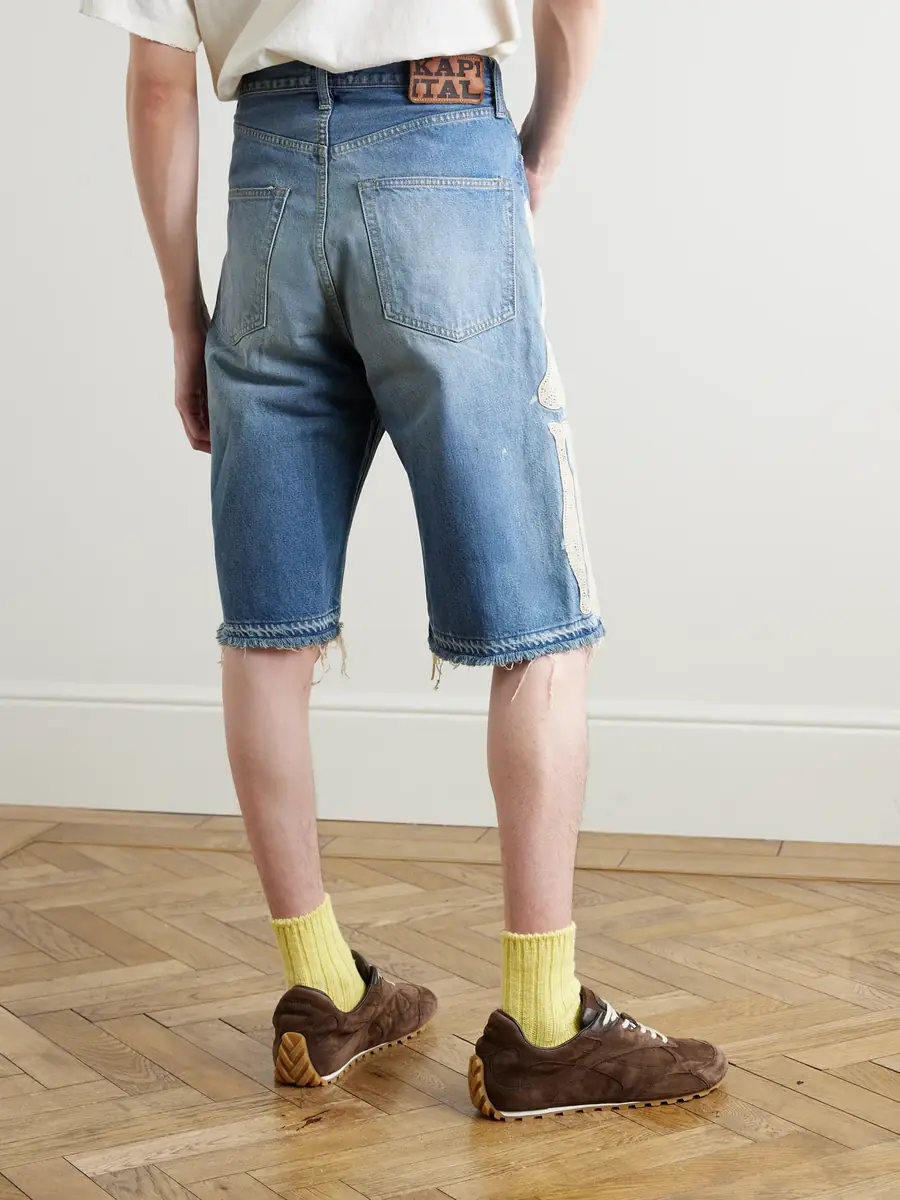KAPITAL Straight-Leg Appliquéd Distressed Denim Shorts - Men | Thumbnail 4