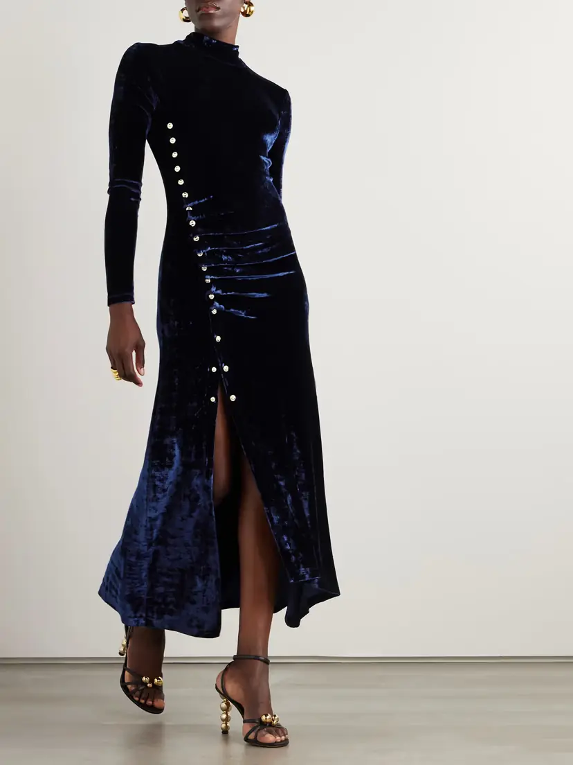 Rabanne Asymmetric Ruched Embellished Velvet Turtleneck Dress | Thumbnail 2 Rabanne Asymmetric Ruched Embellished Velvet Turtleneck Dress | Thumbnail 2