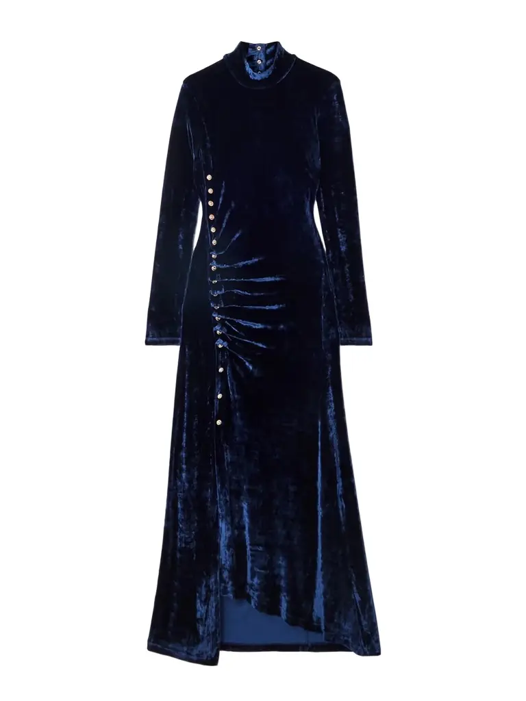 Asymmetric Ruched Embellished Velvet Turtleneck Dress Asymmetric Ruched Embellished Velvet Turtleneck Dress