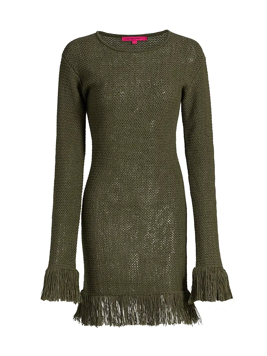 The Elder Statesman Women's Nora Lite Fringe Knit Minidress - Kelp | Image 1 The Elder Statesman Women's Nora Lite Fringe Knit Minidress - Kelp | Image 1