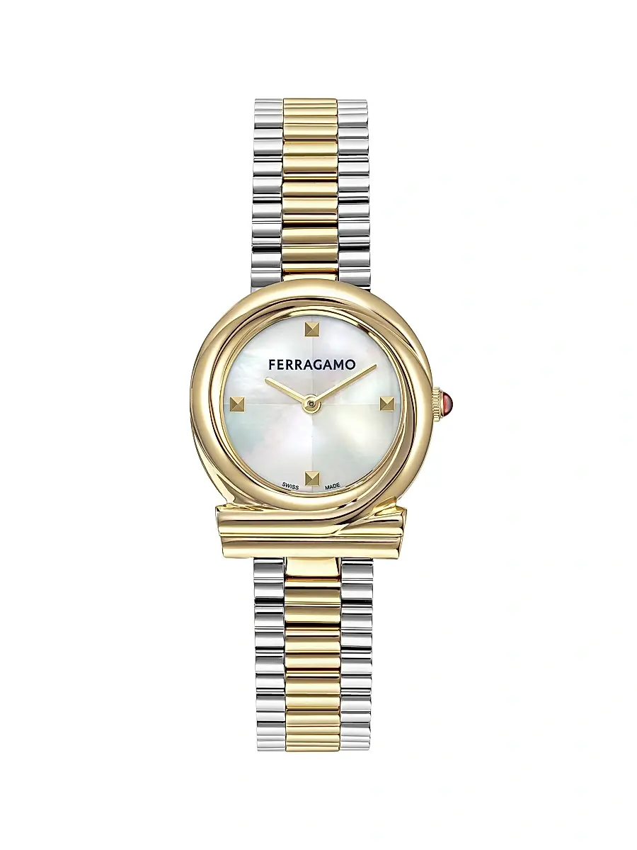 Ferragamo Women's Gancini Twisted Two-Tone Goldtone Stainless Steel & Mother-Of-Pearl Bracelet Watch/28MM