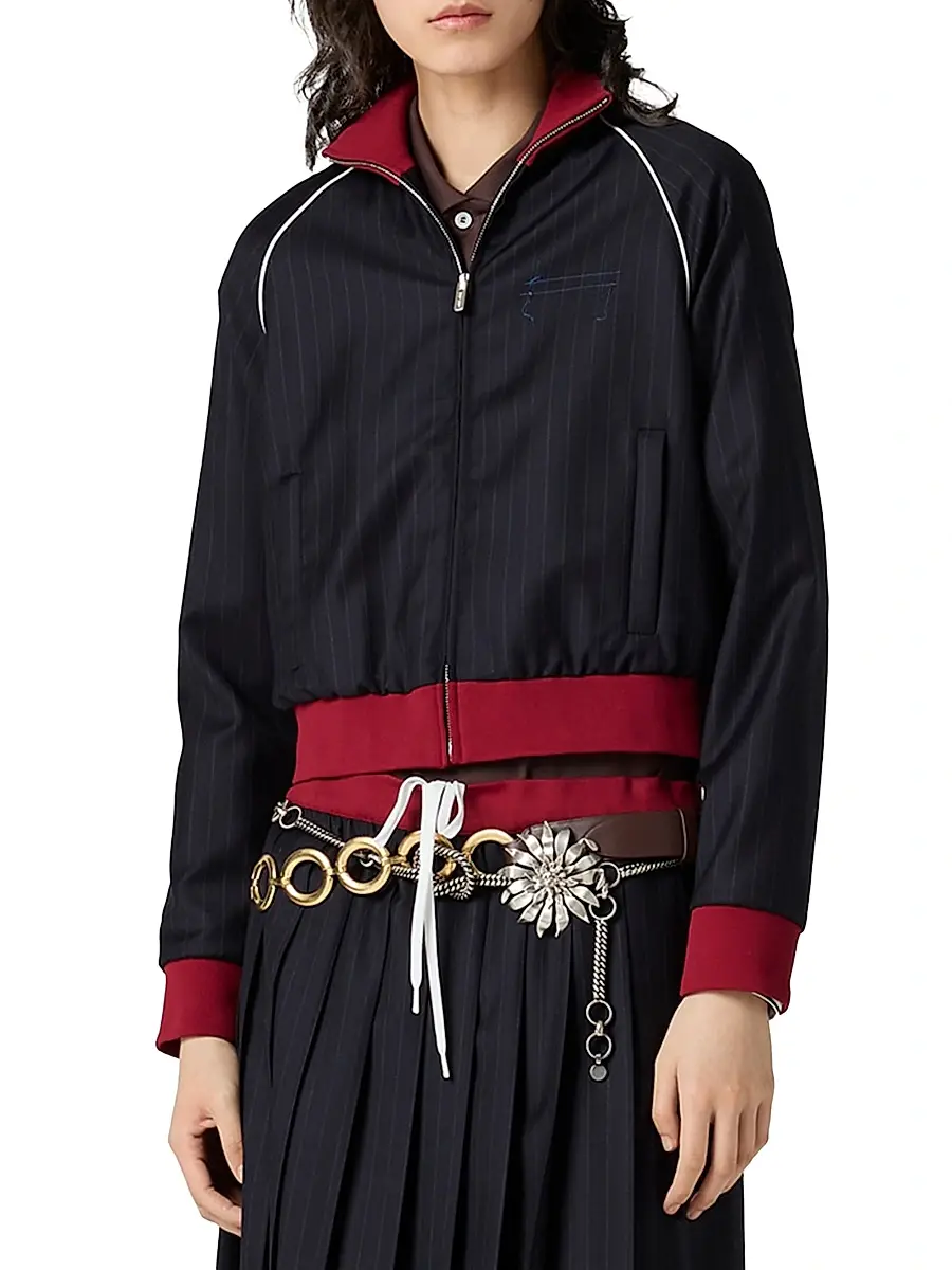 Miu Miu Women's Pinstriped Zipper Blouson Jacket - Blue | Thumbnail 2 Miu Miu Women's Pinstriped Zipper Blouson Jacket - Blue | Thumbnail 2