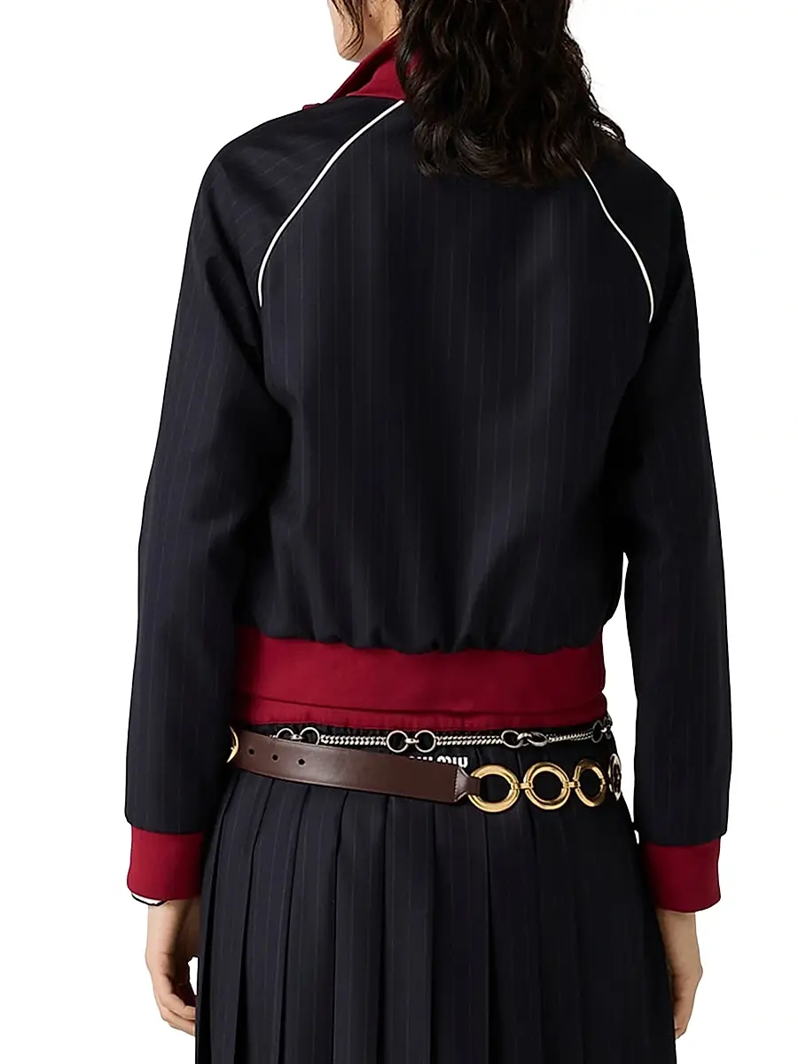Miu Miu Women's Pinstriped Zipper Blouson Jacket - Blue | Thumbnail 3 Miu Miu Women's Pinstriped Zipper Blouson Jacket - Blue | Thumbnail 3