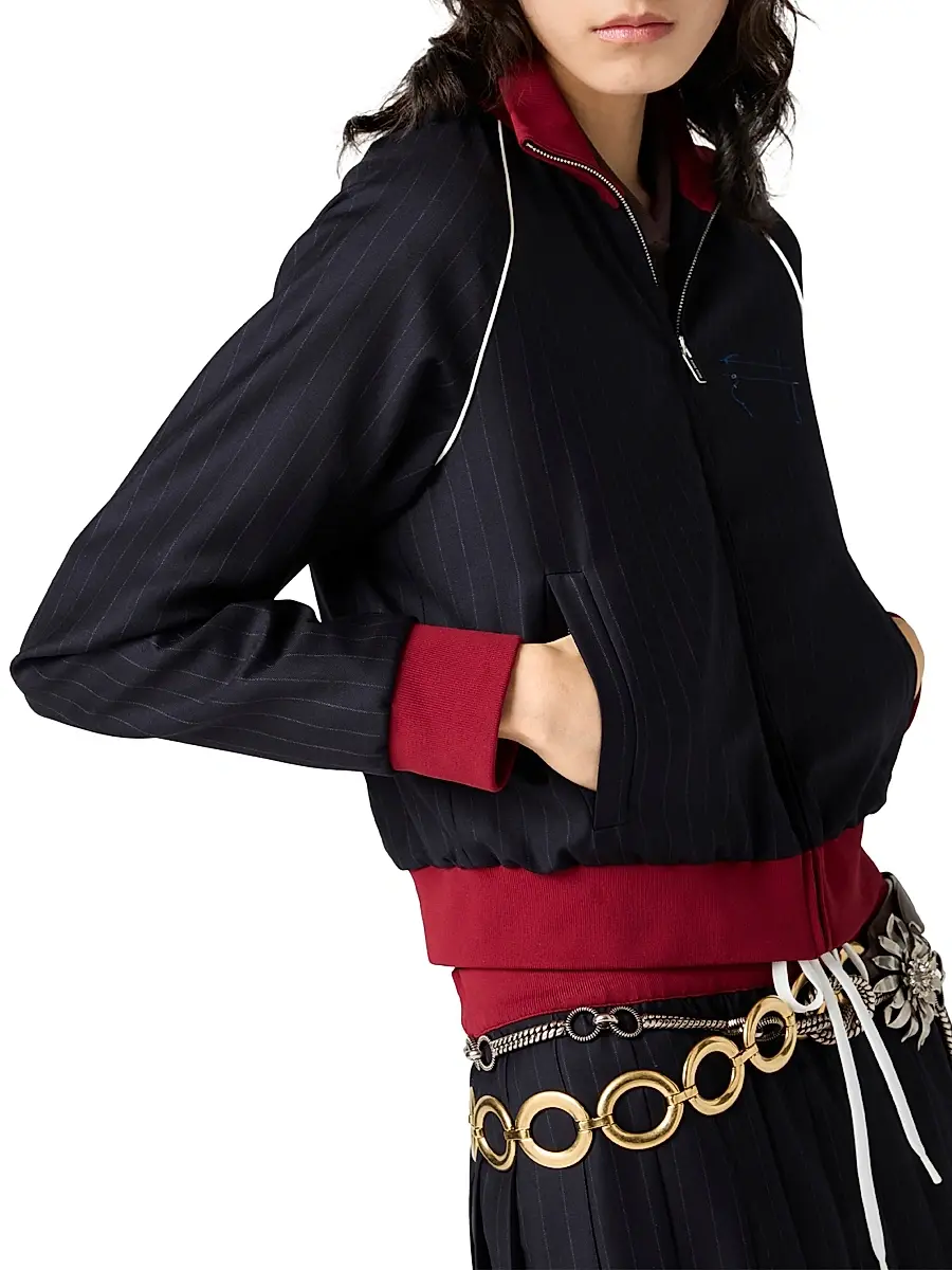 Miu Miu Women's Pinstriped Zipper Blouson Jacket - Blue | Thumbnail 5 Miu Miu Women's Pinstriped Zipper Blouson Jacket - Blue | Thumbnail 5