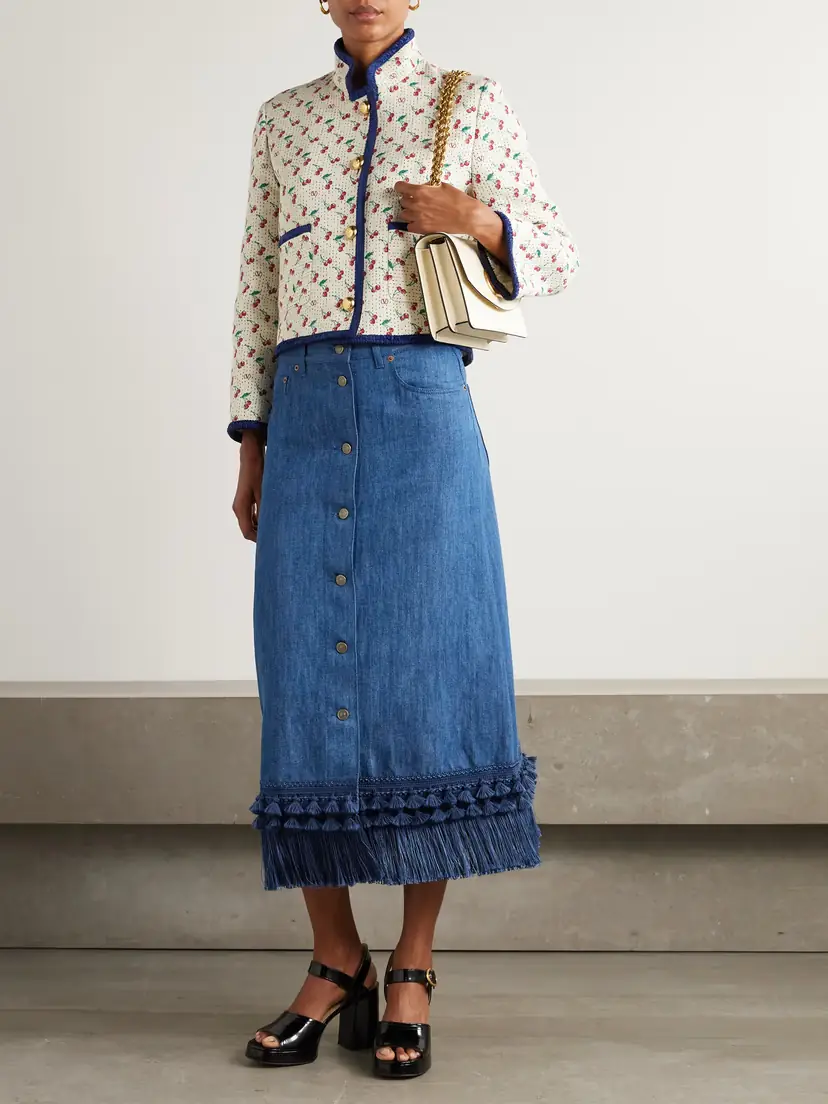 Valentino Garavani Tasseled Fringed Denim Midi Skirt | Thumbnail 2