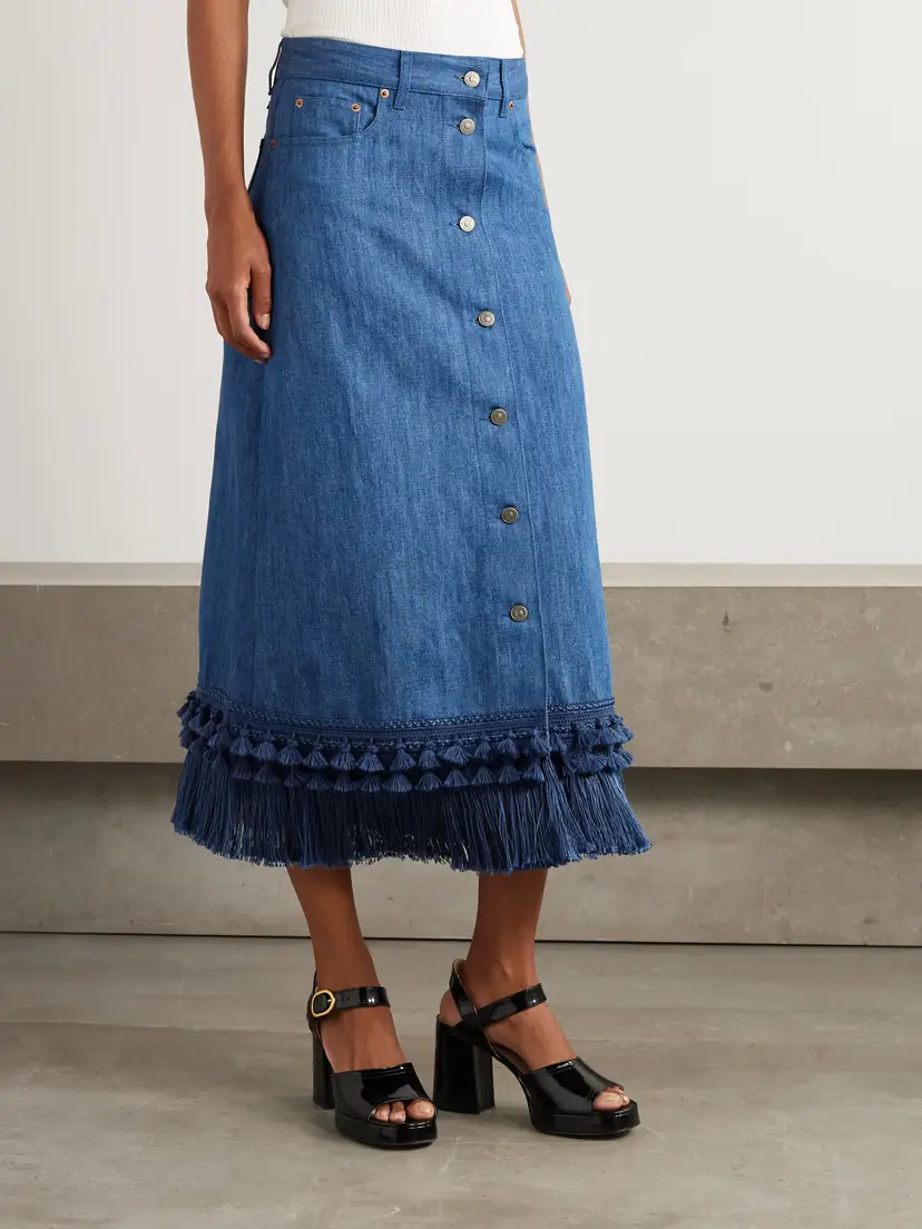 Valentino Garavani Tasseled Fringed Denim Midi Skirt | Thumbnail 3
