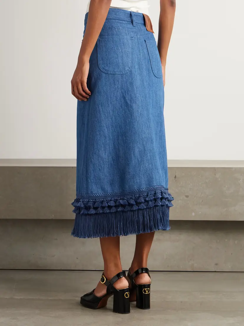 Valentino Garavani Tasseled Fringed Denim Midi Skirt | Thumbnail 4