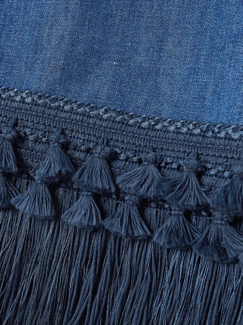 Valentino Garavani Tasseled Fringed Denim Midi Skirt | Thumbnail 5