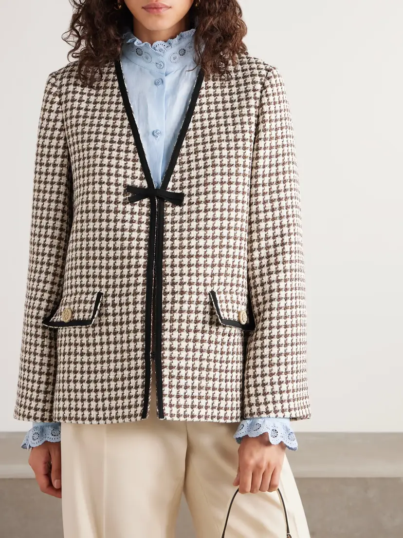 Valentino Garavani Grosgrain-trimmed Houndstooth Cotton-blend Tweed Jacket | Thumbnail 3 Valentino Garavani Grosgrain-trimmed Houndstooth Cotton-blend Tweed Jacket | Thumbnail 3