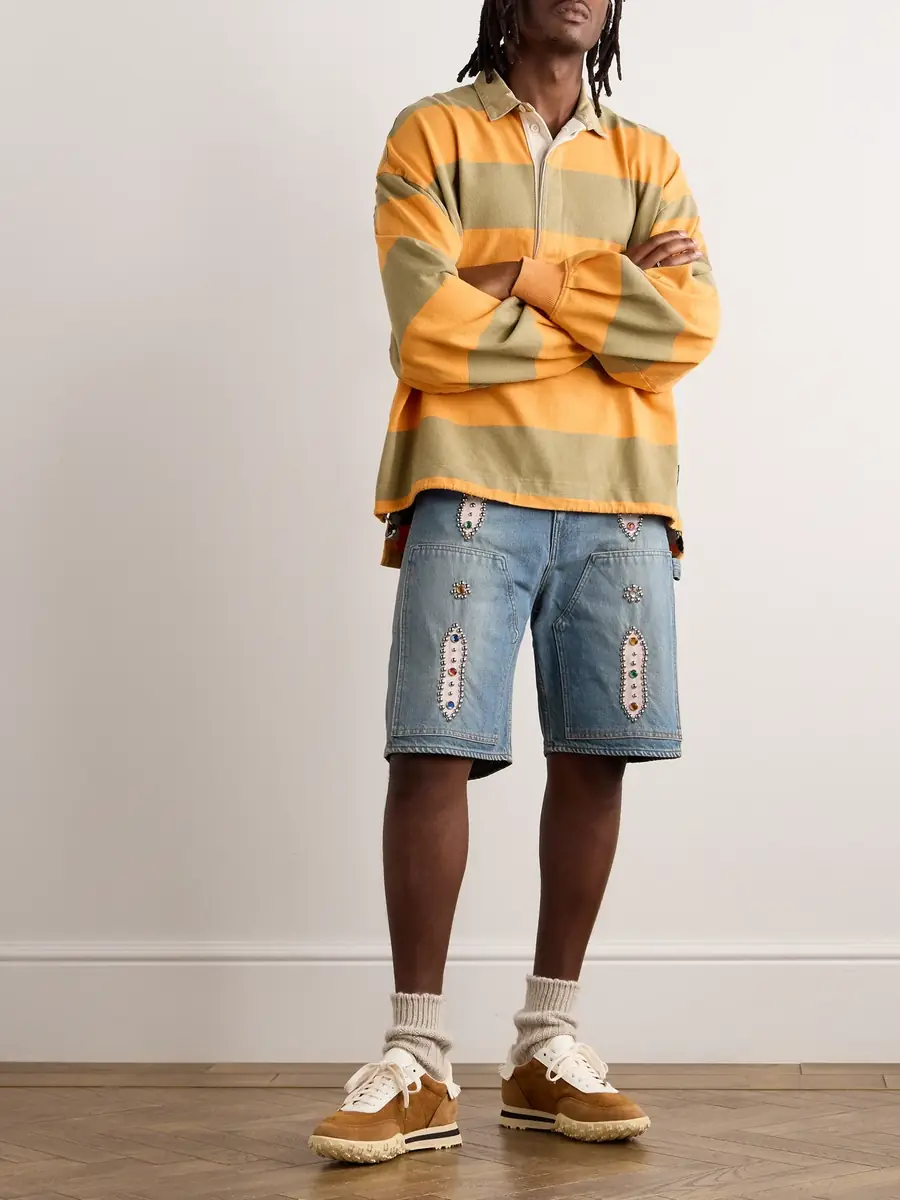 KAPITAL Straight-Leg Leather-Trimmed Embellished Denim Shorts - Men | Thumbnail 2