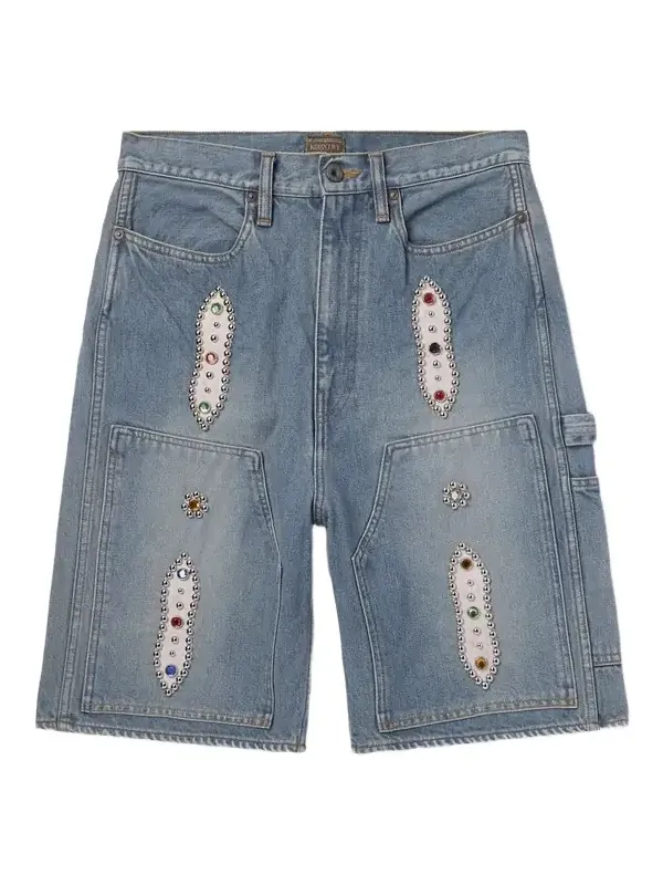 Straight-Leg Leather-Trimmed Embellished Denim Shorts - Men