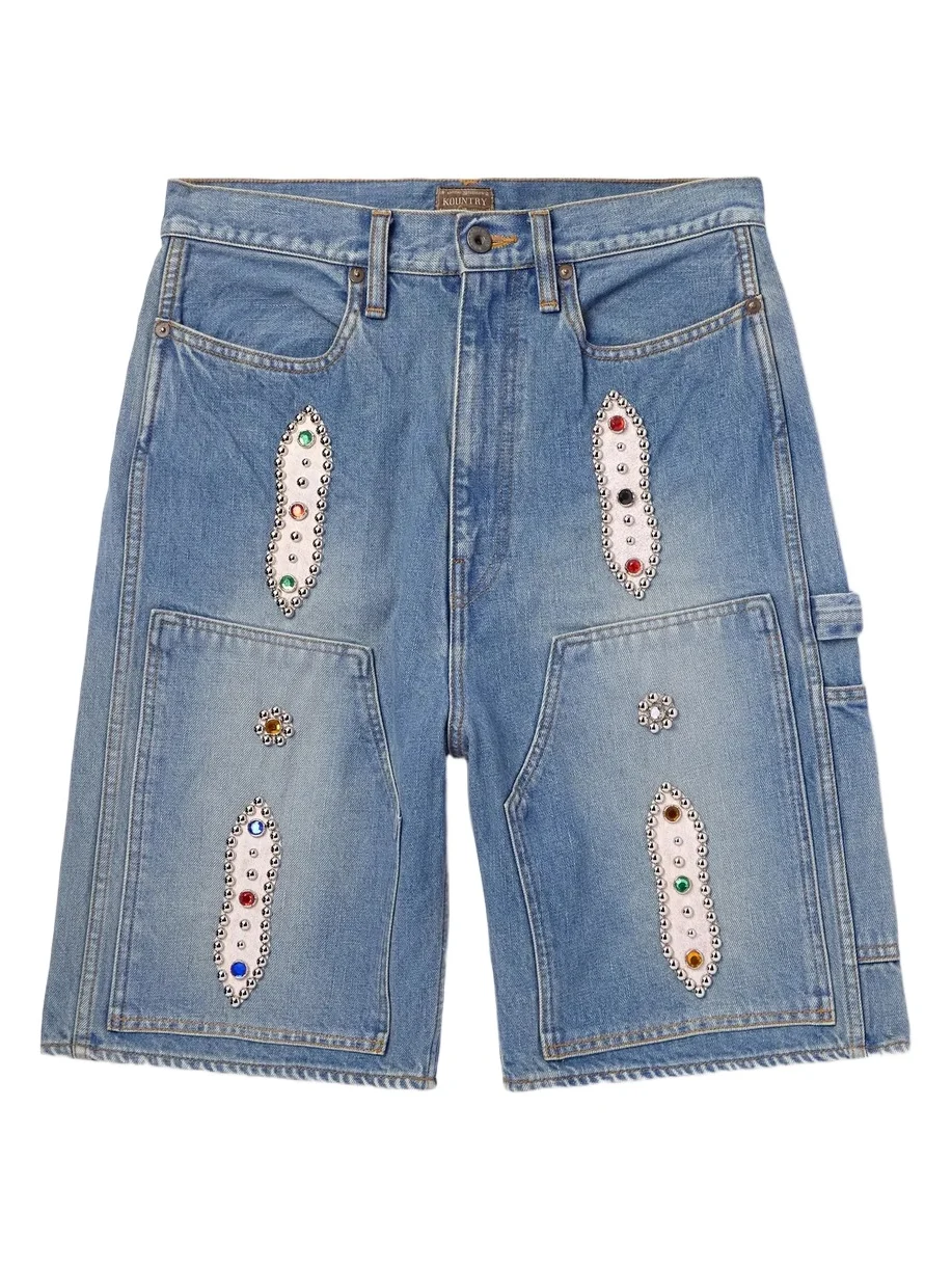 KAPITAL Straight-Leg Leather-Trimmed Embellished Denim Shorts - Men