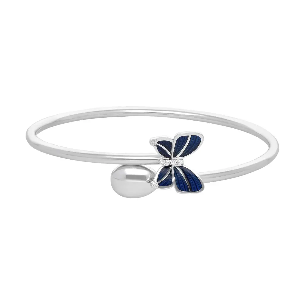 Fabergé Fabergé 18K White Gold Blue Enamel Butterfly and Egg Cross Over Medium Size Bangle Bracelet by The Solist
