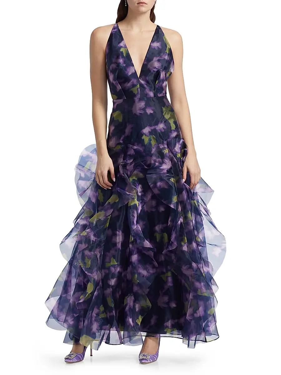 BCBGMAXAZRIA Women's Printed Organza Sleeveless Gown - Meadow Violet Floral Print | Thumbnail 3