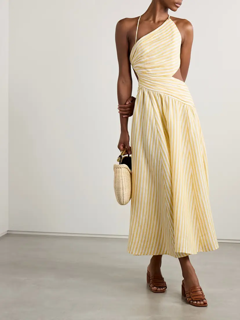 Zimmermann Cascadian Cutout Ruched Striped Linen Midi Dress | Thumbnail 2
